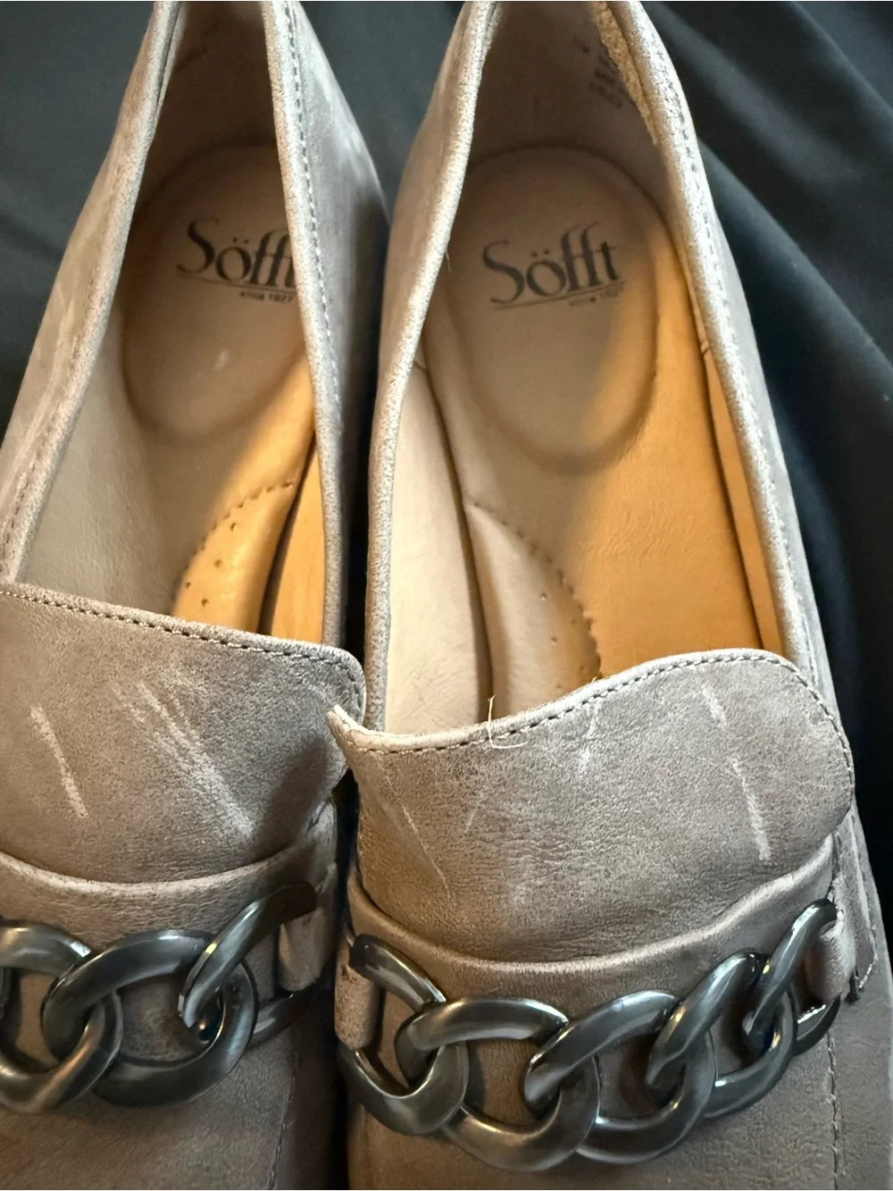 Women’s Taupe Suede Chain-Trim Loafers